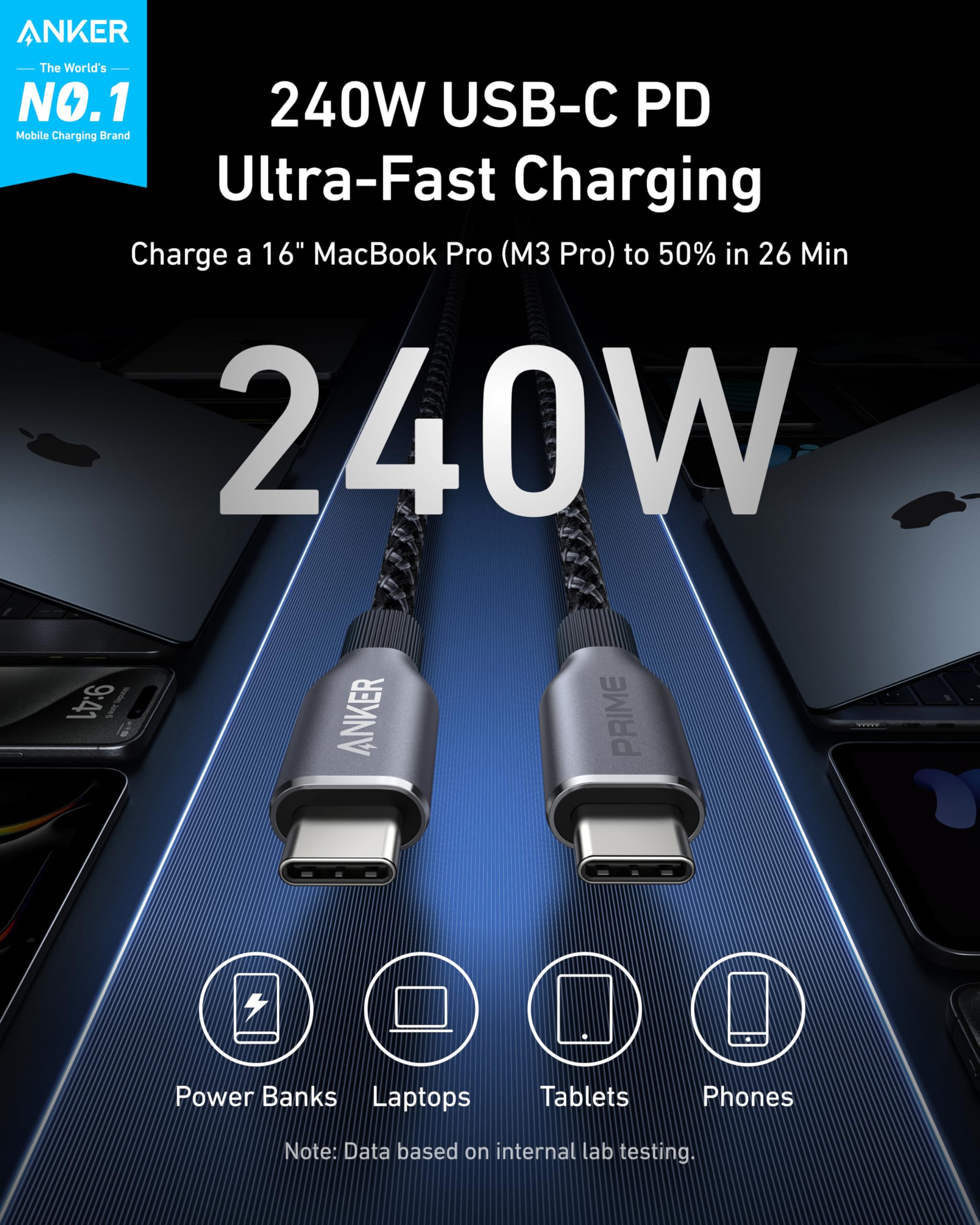 Anker Prime USB-C Cable 240W Fast Charging Recycled Braided 300K Bend