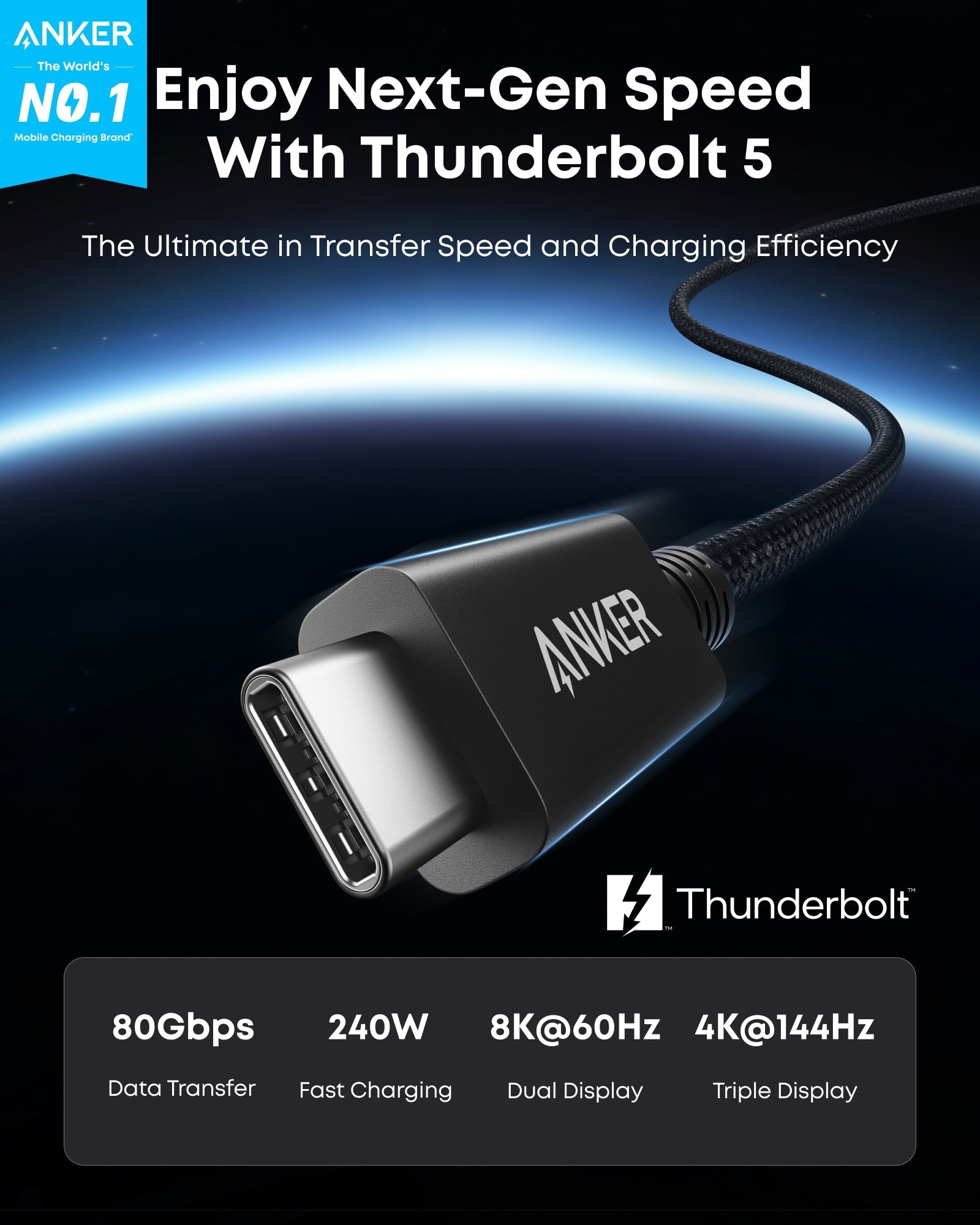 Anker Prime Thunderbolt 5 Cable 80Gbps 240W 8K Display 3.3ft MacBook MacMini MacStudio